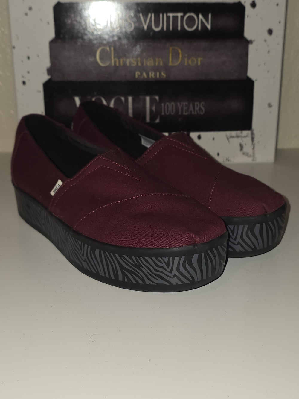 Toms Platform Slip-On Sneakers in Burgundy with Black/Grey Zebra Sole